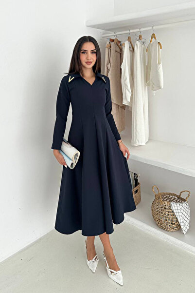 Neşeli Butik Жіноча золота комір деталізована міді довжина довгі рукави сукня NBK4360