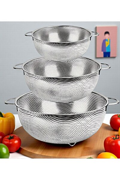 lstri 3 قطع من مصفاة الفولاذ المقاوم للصدأ مع مقبض مريح وفتحات تصفية سريعة!