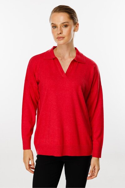 Butik Triko Mutlu Ertan Women's Shirt Collar Knitwear Blouse Red 20076