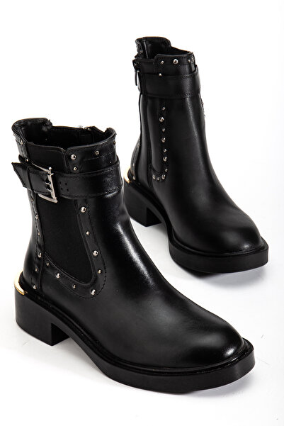 RİSSOLİ Kadın Siyah Parlak Kemer Toka ve Zımba Detaylı Fermuarlı Bot