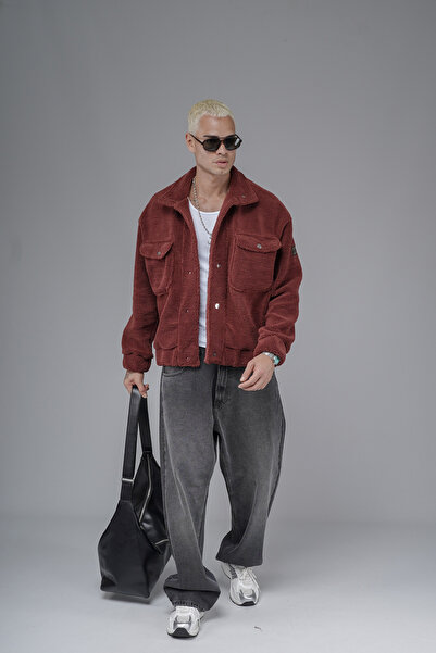 Butik Trend Biz Oversized Pattern Plush Jacket with Snap Fasteners