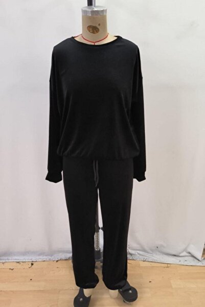 Mossta Round Neck Velvet Blouse Pants Two Piece Set - Black