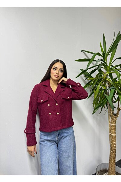 SHEZAN MODA Kadın Bordo Düğmeli Kruvaze Yaka Buklet Kıvırcık Kumaş Kısa Ceket...