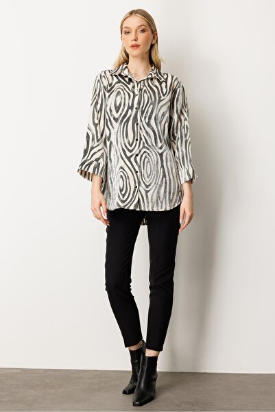 Mutlu Ertan Cămașă cu nasturi cu model zebră pentru femei Negru-Bej 30423