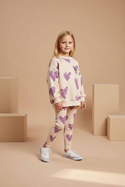 Little Miny Kids Heart Pattern Cream 100% Cotton Girls' Top and Bottom Set