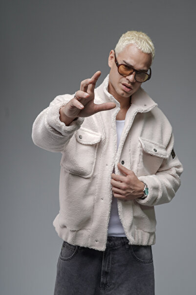 Butik Trend Biz Oversized Pattern Plush Jacket with Snap Fasteners