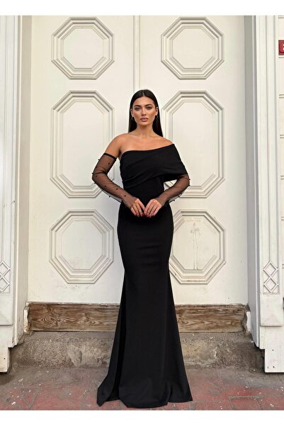 Modafeminen فستان سهرة من قماش الكريب المرن مع تفاصيل من التول واللؤلؤ 583338...