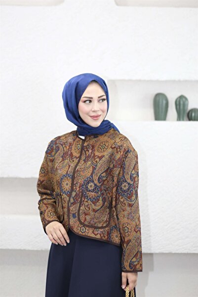 KULVAR TREND 4015 Etnik Desenli Biye Detaylı Bağcıklı Ceket Acı Kahve