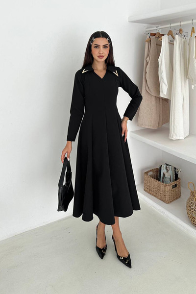 Neşeli Butik γυναικείο φόρεμα με χρυσό λαιμόκοψη με λεπτομέρειες με μακρύ μαν...