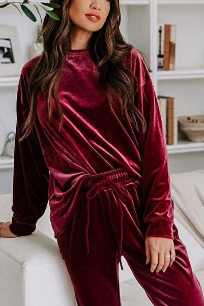 Mossta Round Neck Velvet Blouse Pants Two Piece Set - Burgundy
