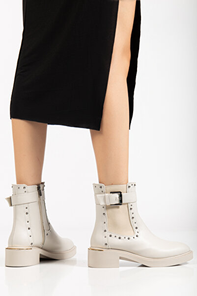 RİSSOLİ Γυναικείες μπότες με φερμουάρ με λεπτομέρεια με αγκράφα και καρφίτσες σε μπεζ δέρμα