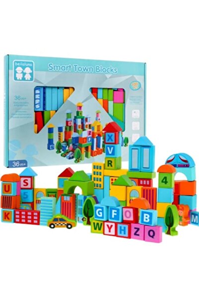 Beilaluna Set de 100 de blocuri de lemn Smart Town, orășel creativ, jucărie e...