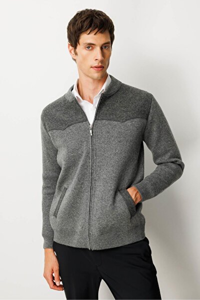 Desen Triko Men's Judge Collar Felt Knitwear Wool Coat with Chest and Pocket Details Smoked