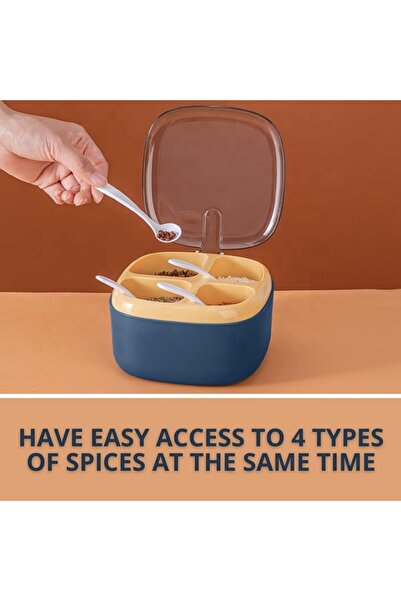 easybox Flippy spice container, 4 compartments, with 4 plastic spoons, lid & handle, 14x14x8 cm, blue