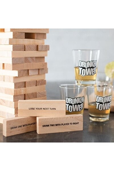Flippy Jenga Flippy Drinking Game, Wooden Drunkard's Tower, Challenges, Glass Shot Glasses, 19x7x20Cm,+18Years