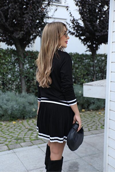 QİMYA BUTİK Buketli̇ Women's Top with Long Sleeves, Polo Collar Blouse, Pleated Ribbed Skirt with Elastic Waist at the Bottom, Blouse Set