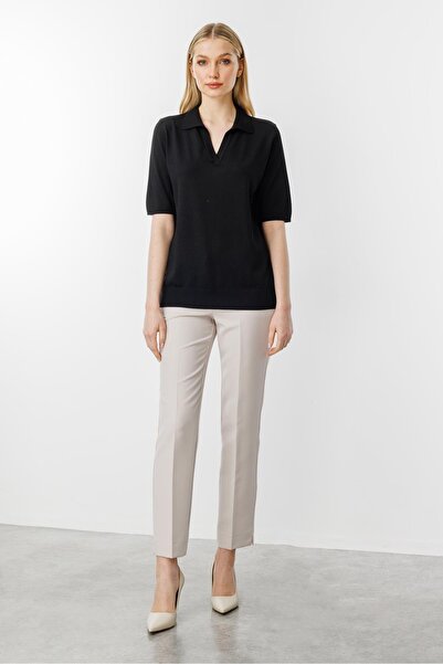 Butik Triko Mutlu ertan women's polo neck short sleeve knitwear blouse black 20173