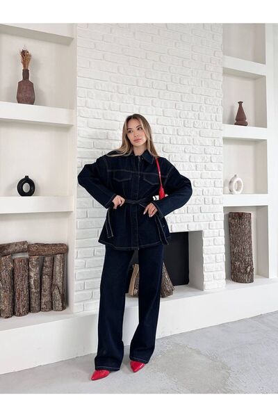 MODA Navy Blue Oversized Tie-Up Jeans Jacket Pants Denim Set