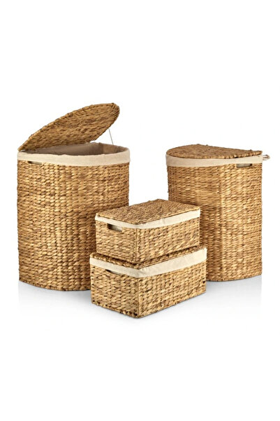 Evistro Dekoratif Kulplu Naturel Hasır Çamaşır Sepeti 4 lü