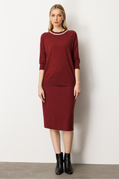 Mutlu Ertan Women's Button Detailed Knitwear Skirt Burgundy 20232