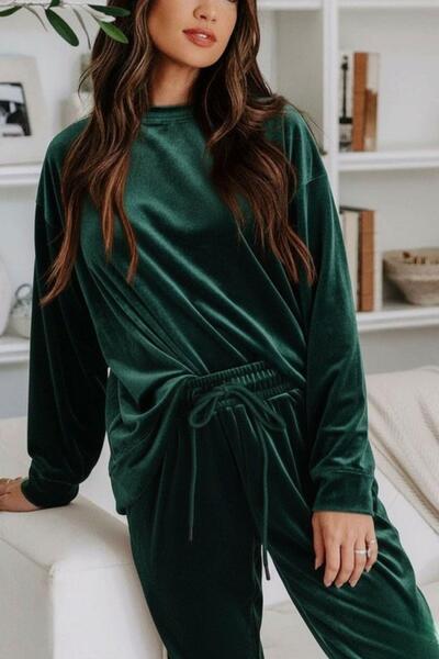 Mossta Round Neck Velvet Blouse Pants Two-Piece Set - Green