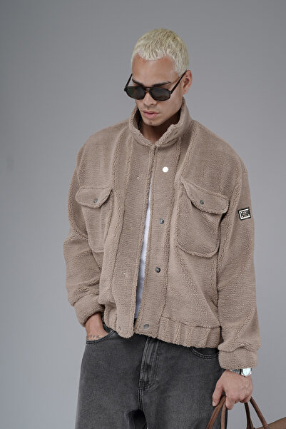 Butik Trend Biz Oversized Pattern Plush Jacket with Snap Fasteners