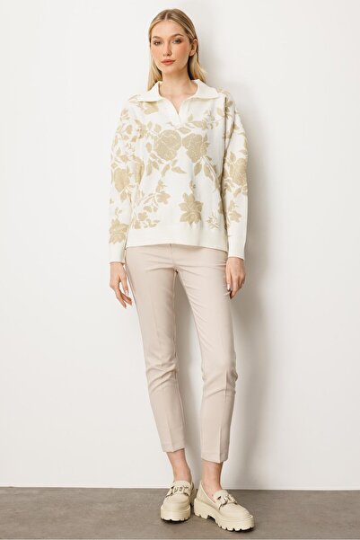 Mutlu Ertan Kadın Simli Gül Desenli Gömlek Yaka Triko Bluz Ekru - Gold 20230