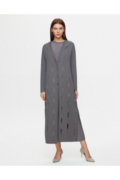 MISS DALIDA Kendinden Delikli Uzun Triko Antrasit Hırka