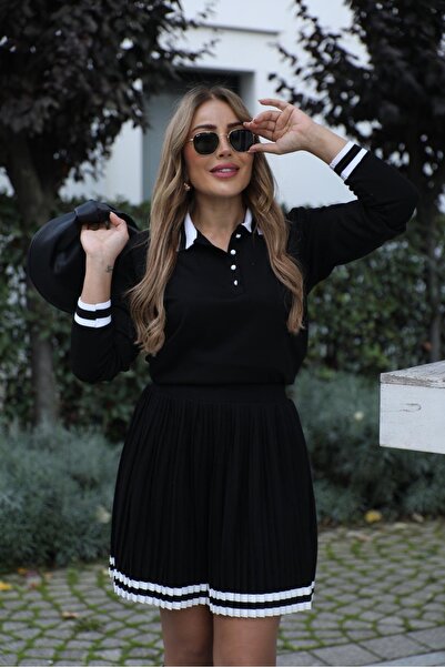 QİMYA BUTİK Buketli̇ Women's Top with Long Sleeves, Polo Collar Blouse, Pleated Ribbed Skirt with Elastic Waist at the Bottom, Blouse Set