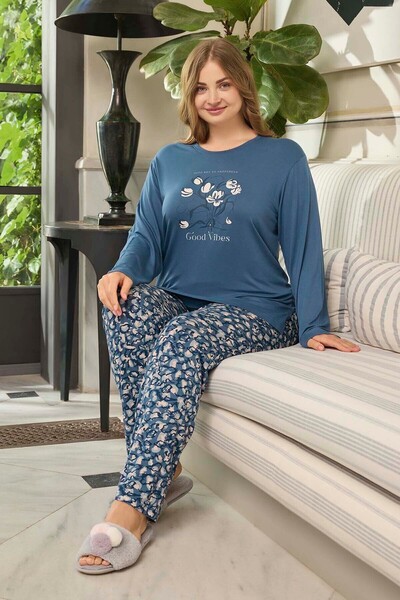 Aydoğan Set pijama cu mâneci lungi pentru femei din viscoză mărime mare 240660 Albastru