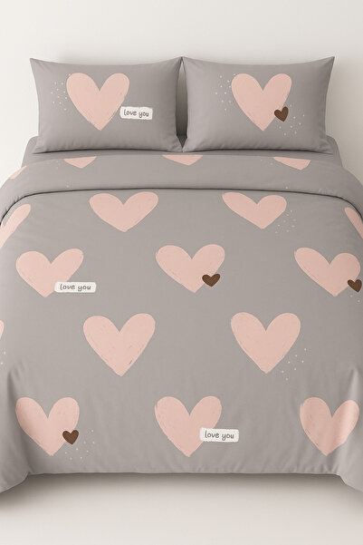 sehra Cotton Double Quilt Duvet Cover Set + Fitted Sheet + 2 Pillowcases Bedding Set Heart Pattern