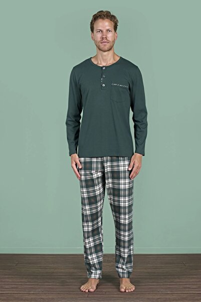 OMODAM Men's Long Sleeve Collared Buttoned Single Jersey Combed Cotton Pajama Set (100% Cotton)