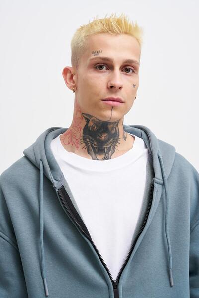 Machinist Men's Basic Zippered Pocket Hooded Oversized Smoked Sweatshirt