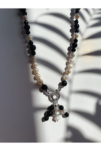 Abundo Black onyx and cultured pearl necklace with 925 silver, 58 cm