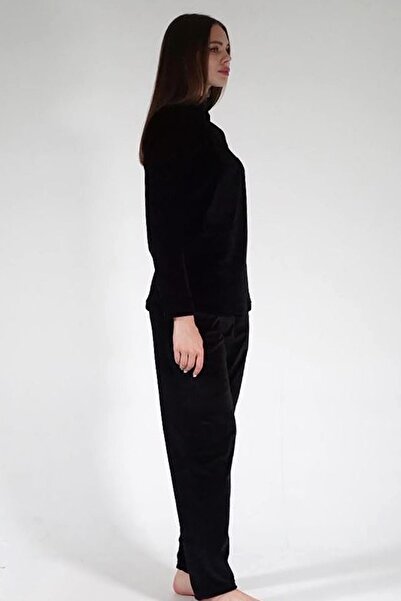 VİENETTA Women's Black Color Half Zipper Velvet Fabric Long Sleeve Straight Leg Pajamas Set C7T0N0603