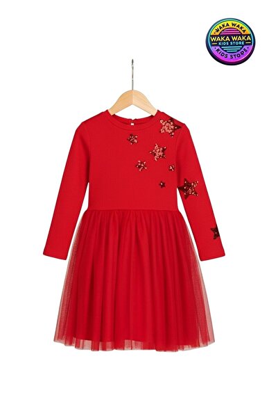 ww waka waka kids store Girl's Red Sequined Tulle Detailed Dress