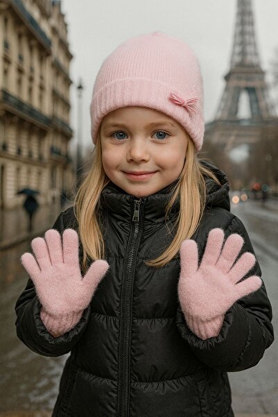 BALIENTE Pink Ribbon Detailed Girl's Beret Gloves Set of 2, Ages 3-6