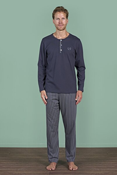 OMODAM Men's Long Sleeve Collared Buttoned Single Jersey Combed Cotton Pajama Set (100% Cotton)