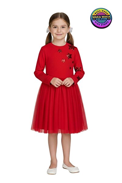 ww waka waka kids store Girl's Red Sequined Tulle Detailed Dress