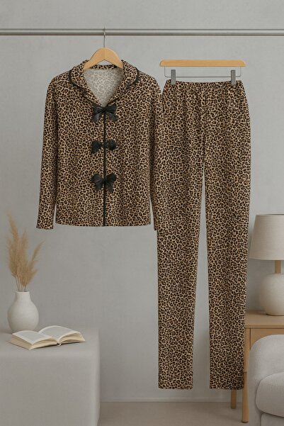 koza iç giyim Kadın Yumuşak Dokulu Leopar Desenli Fiyonklu Uzun Kollu Gömlek ...