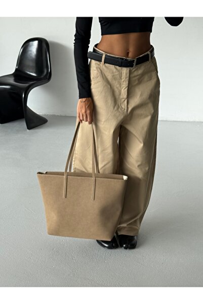 NBİBAGS Women's Zippered Double Handle Shopper Shoulder Bag Sable