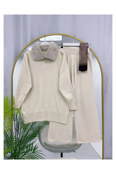 YEDİLALE Double Knitwear Set with Fur Collar and Zipper