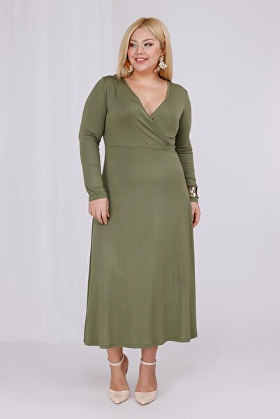 Madwilo Women's Khaki Green Double-Breasted Collar Plus Size Stretchy Maxi Dress