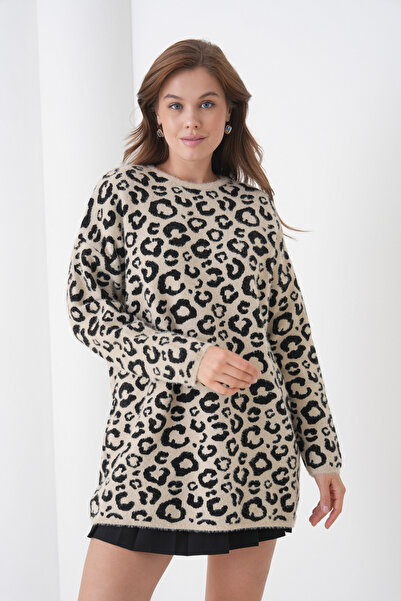 MAMAYAGA Pulover de tricotat de iarnă elegant pentru femei imprimeu leopard cu mâneci lungi guler rotund