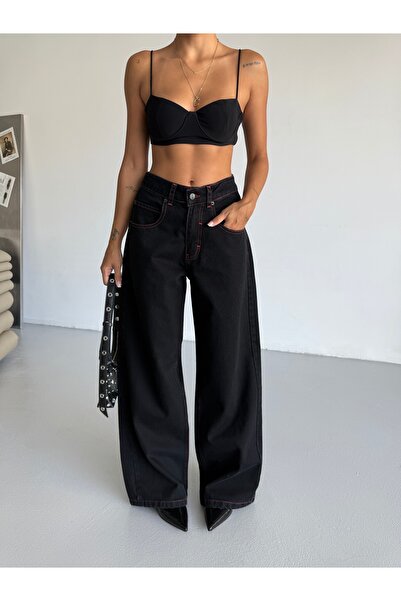 Lila Moda Pantaloni de blugi largi, lavabili, cu detaliu de cusătură, cu tali...