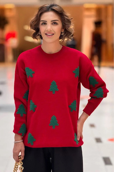 Nevin Kaya Moda Red Pine Tree Embroidered Sweater