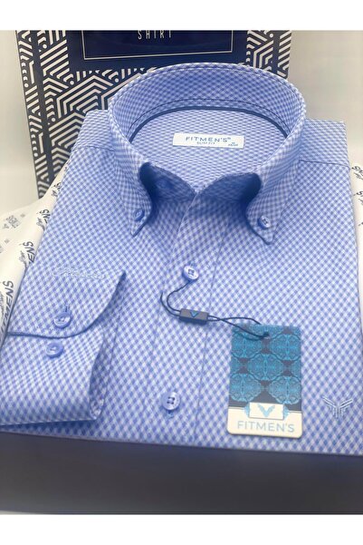 Fitmens Slim Fit Uzun Kol Baklava Desen Kol Nakışlı Yaka Düğmeli Hediye Kutulu Şık Erkek Gömlek FS-004200 -