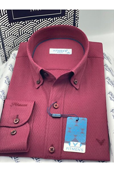 Fitmens Slim Fit Long Sleeve Diamond Pattern Sleeve Embroidered Collar Buttoned Stylish Men's Shirt with Gift Box Fs-004200 -