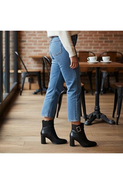 NE&VE SHOES Siyah Hakiki Deri Geniş Tokalı Sivri Burunlu Kadın Kalın Topuklu Bot