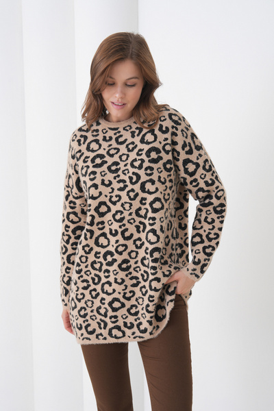 MAMAYAGA Дамски пуловер с дълъг ръкав, обло деколте и леопардов принт, спортно-елегантен, зимен, плетен